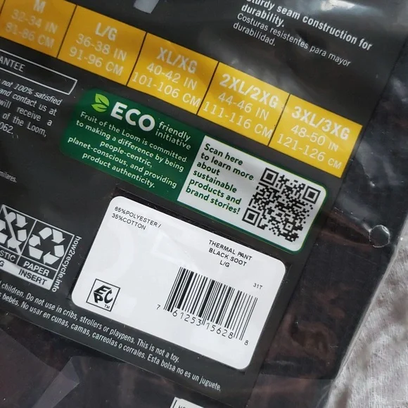 2nd ItemFRUIT OF THE LOOM NWT Men's BLACK Thermal Long John Bottoms Med OR Large - Picture 5 of 6